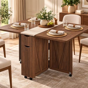 Pode incluir: Uma mesa de jantar dobr&aacute;vel de madeira escura com um arm&aacute;rio central de armazenamento com duas gavetas. A mesa tem um tampo retangular, detalhes de pain&eacute;is em forma de V nas laterais e &eacute; apoiada por pequenas rodas pretas para mobilidade.
