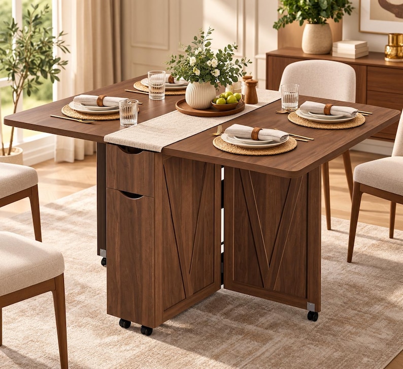 Pode incluir: Uma mesa de jantar dobr&aacute;vel de madeira escura com um arm&aacute;rio central de armazenamento com duas gavetas. A mesa tem um tampo retangular, detalhes de pain&eacute;is em forma de V nas laterais e &eacute; apoiada por pequenas rodas pretas para mobilidade.