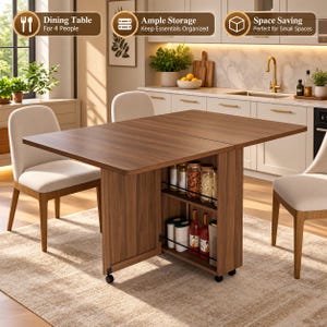 Pode incluir: Uma mesa de jantar dobr&aacute;vel em madeira castanha com prateleiras integradas e rodas pretas. A mesa possui duas prateleiras abertas contendo frascos de vidro e garrafas. Tr&ecirc;s cadeiras estofadas de cor clara est&atilde;o posicionadas ao redor da mesa.