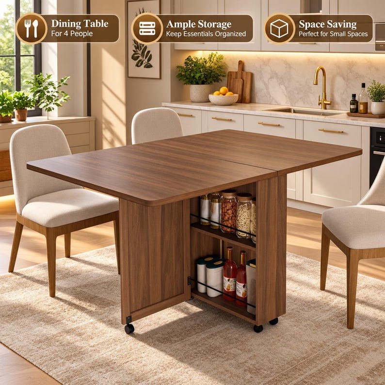 Pode incluir: Uma mesa de jantar dobr&aacute;vel em madeira castanha com prateleiras integradas e rodas pretas. A mesa possui duas prateleiras abertas contendo frascos de vidro e garrafas. Tr&ecirc;s cadeiras estofadas de cor clara est&atilde;o posicionadas ao redor da mesa.