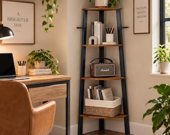 Corner Shelf Stand, 4 Tier Corner Bookshelf, Industrial Ladder Shelf, Rustic Wood Corner Shelf, Plant Stand, Living Room Display Shelf