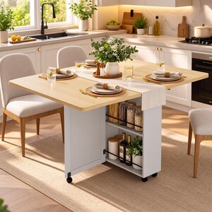 Pode incluir: Uma mesa de jantar dobr&aacute;vel de madeira clara com base branca que inclui prateleiras de armazenamento integradas sobre rodas. A mesa est&aacute; posta com pratos, guardanapos e copos brancos, acompanhada por tr&ecirc;s cadeiras estofadas em cinza claro.