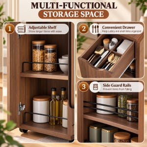 Pode incluir: Um arm&aacute;rio de armazenamento em madeira castanha com prateleira ajust&aacute;vel, uma gaveta com divis&oacute;rias para talheres e grades laterais de prote&ccedil;&atilde;o em metal preto. A imagem inclui os textos Multi-Functional Storage Space, Adjustable Shelf, Convenient Drawer e Side Guard Rails.