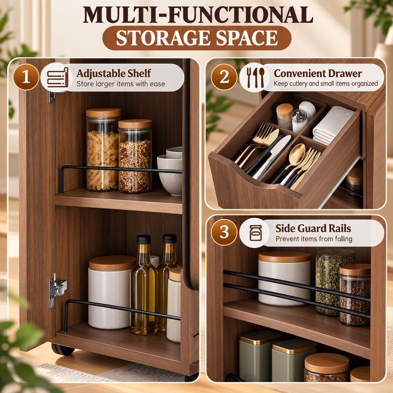 Pode incluir: Um arm&aacute;rio de armazenamento em madeira castanha com prateleira ajust&aacute;vel, uma gaveta com divis&oacute;rias para talheres e grades laterais de prote&ccedil;&atilde;o em metal preto. A imagem inclui os textos Multi-Functional Storage Space, Adjustable Shelf, Convenient Drawer e Side Guard Rails.