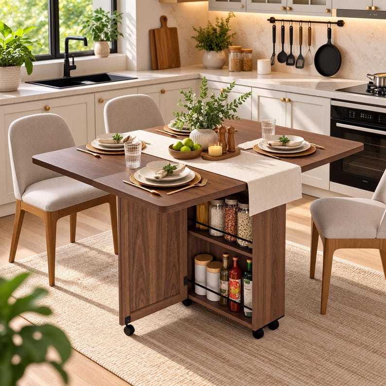 Pode incluir: Uma mesa de jantar dobr&aacute;vel de madeira escura com prateleiras de armazenamento integradas, um caminho de mesa bege claro, duas cadeiras estofadas em cinza claro com pernas de madeira e pratos, copos e talheres dispostos para uma refei&ccedil;&atilde;o.