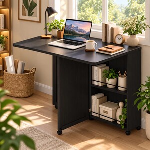 Pode incluir: Uma secret&aacute;ria retangular preta com superf&iacute;cie lisa e prateleiras laterais integradas. A secret&aacute;ria possui um painel de suporte articulado com rodas, um port&aacute;til, uma caneca branca, um caderno, livros, um rel&oacute;gio e uma pequena planta.