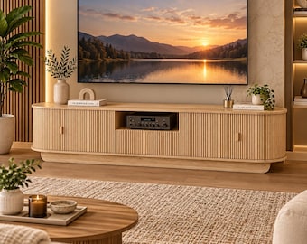 Curved TV Stand for 80 90 95 Inch TVs, Mid Century Modern Media Console with Storage