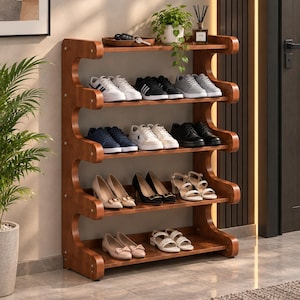 May include: A five-tier wooden shoe rack with a curved, wave-like side frame design. The shelves hold various footwear including sneakers, dress shoes, and heels. The top shelf features a small potted plant, a reed diffuser, and a wooden tray.