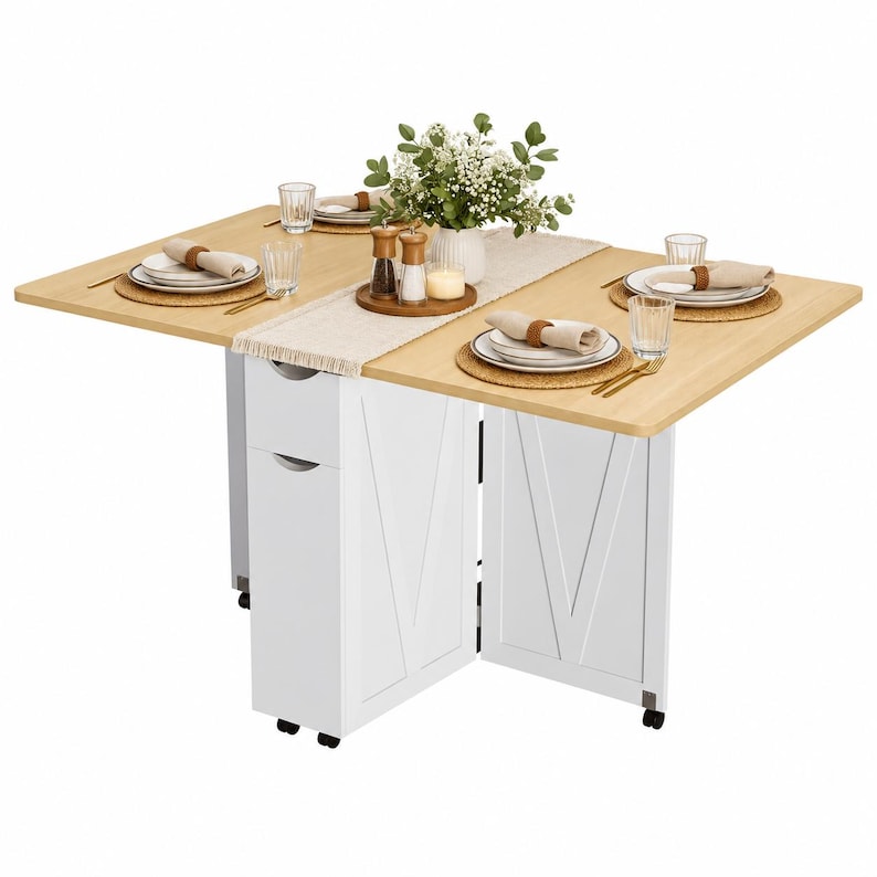 Pode incluir: Uma mesa de jantar dobr&aacute;vel em madeira clara com base branca, apresentando duas gavetas de armazenamento e pain&eacute;is em forma de V. A mesa est&aacute; posta com quatro lugares, incluindo pratos, guardanapos, copos e um arranjo floral central.