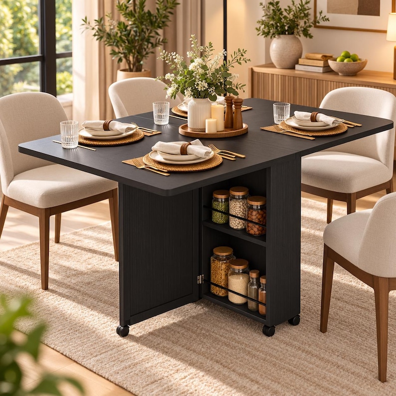 Pode incluir: Uma mesa de jantar retangular preta com abas dobr&aacute;veis e um arm&aacute;rio de armazenamento embutido com duas prateleiras cheias de potes de vidro. A mesa est&aacute; posta com pratos brancos, jogos americanos tran&ccedil;ados, talheres dourados e copos transparentes.