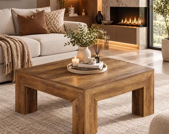39.37 Inch Square Coffee Table, Farmhouse Wood Center Table, Rustic Large Living Room Table, Low Modern Accent Table, Sturdy Wood Legs