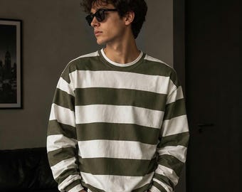 Vintage Oversized Striped Sweatshirt, Retro Green Crewneck Jumper, Preppy Pullover, Unisex Aesthetic Streetwear Sweater