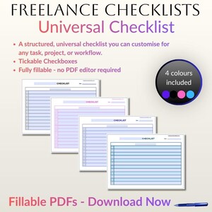 Puede incluir: Una plantilla de lista de verificación para freelance titulada Universal Checklist, con cuatro documentos PDF rellenables en esquemas de color azul, morado, rosa y negro. Cada documento incluye líneas horizontales y casillas para marcar tareas.