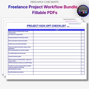 May include: A digital freelance project workflow bundle featuring fillable PDF checklists. The document is titled Project Kick-off Checklist and includes rows for tasks like reading client materials, listing deliverables, and identifying decision-makers.