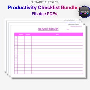Könnte beinhalten: Ein Produktivitäts-Checklisten-Paket mit ausfüllbaren PDFs. Das Dokument trägt den Titel GOALS CHECKLIST in pinkfarbenem Text und enthält Spalten für Frist, Kategorie und Ziele. Ein kleines Abzeichen zeigt an, dass 4 Farben verfügbar sind.