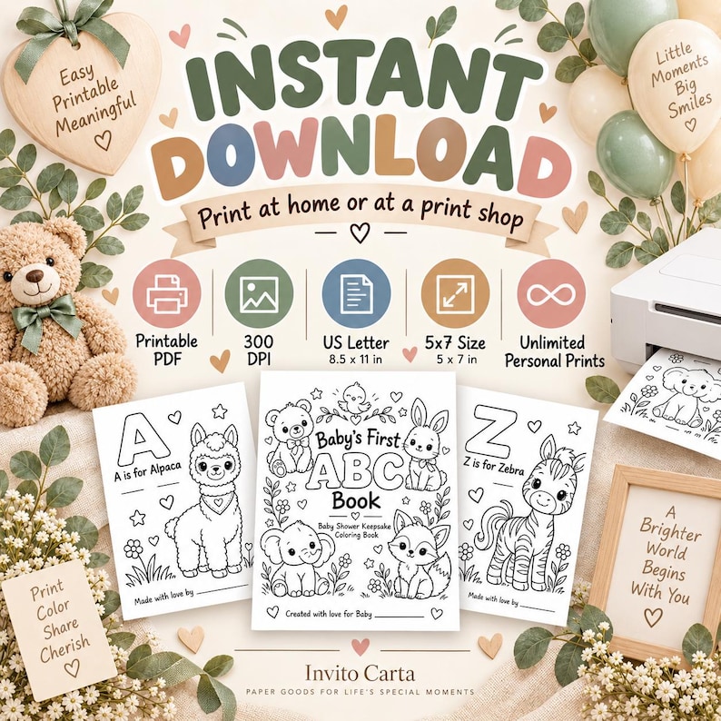 Baby Shower ABC Coloring Book, Baby’s First ABC Keepsake, Printable ...