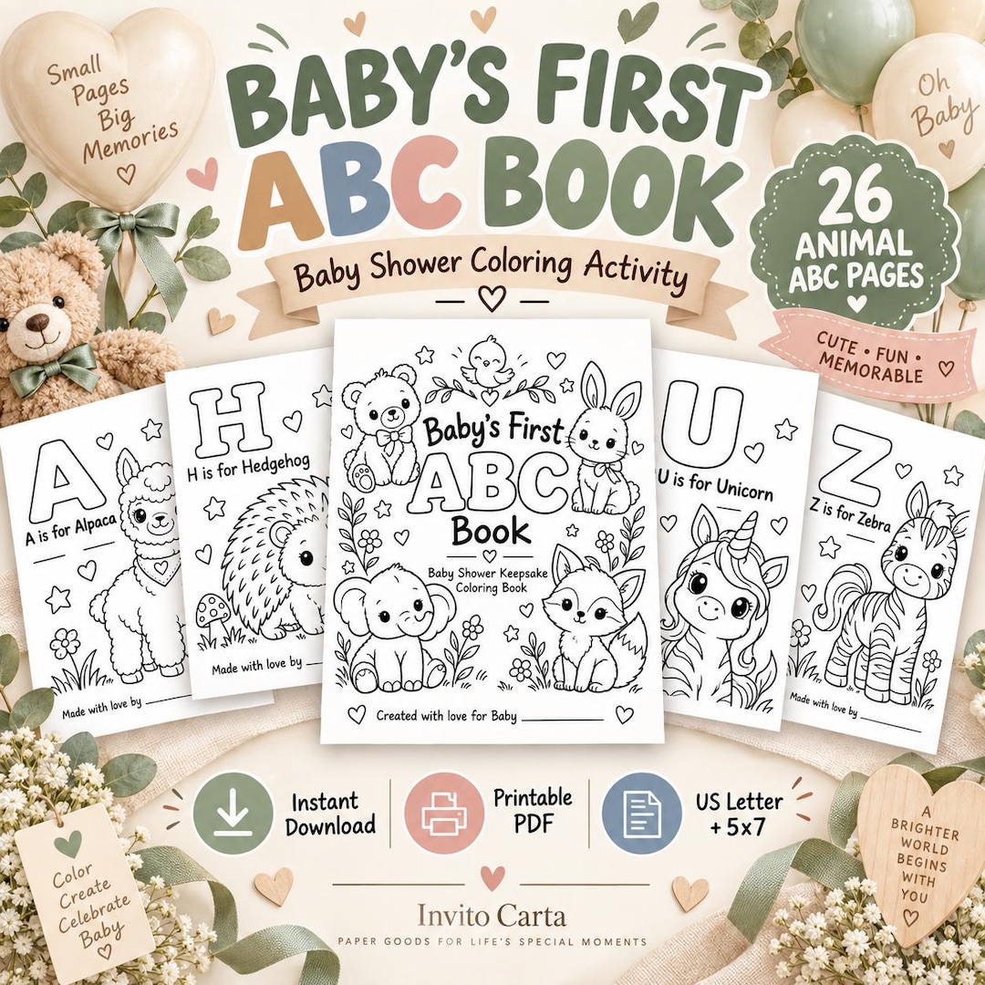Baby Shower ABC Coloring Book, Baby’s First ABC Keepsake, Printable ...