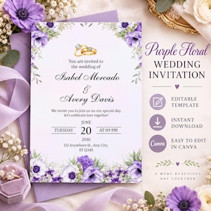 May include: A wedding invitation template featuring purple floral borders, two gold rings, and text reading Isabel Mercado and Avery Davis, Tuesday June 20 2030 at 09 PM, 123 Anywhere St., Any City, ST 12345, with editable template and instant download icons.
