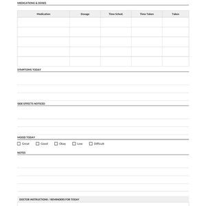 May include: A white paper medication tracker and symptom journal page with black text. It includes sections for date, medications and doses, symptoms, side effects, mood checkboxes, notes, and a box for doctor instructions and reminders for today.