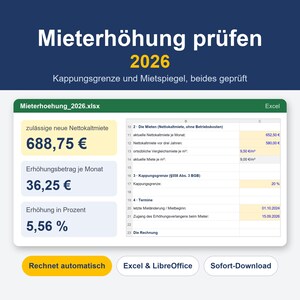 Pode incluir: Uma folha de cálculo digital intitulada Mieterhoehung_2026.xlsx com cálculos de aumento de renda. A interface mostra uma nova renda líquida de 688,75 €, um aumento mensal de 36,25 € e 5,56 %, com botões para cálculo automático e download.