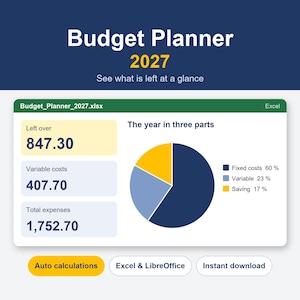 Könnte beinhalten: Eine digitale Budget Planner 2027 Tabellenkalkulationsoberfläche mit einem Kreisdiagramm mit dem Titel The year in three parts. Sie zeigt Daten für Left over, Variable costs und Total expenses sowie Beschriftungen für Fixed costs 60%, Variable 23% und Saving 17%.