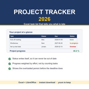 Project Tracker Excel 2026 | Task List with Status and Deadlines | Team Workload and Progress Dashboard | Download