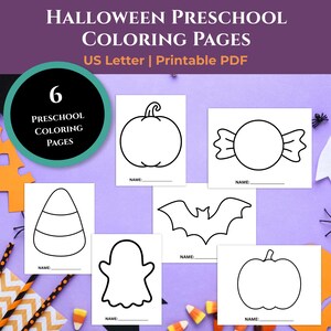 Halloween Preschool Coloring Pages | Ghost Pumpkin Bat Outline | US Letter PDF Download