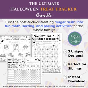 May include: A digital bundle of three printable Halloween treat tracker activity sheets featuring black and white illustrations of ghosts, bats, spiders, and candy. The pages include My Halloween Treats Inventory, My 1-100 Candy Tracker, and My Halloween Treats Tracker with spaces for names and dates.