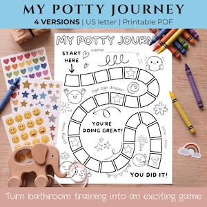 May include: A printable My Potty Journey game sheet on A4-sized paper featuring a winding path of squares, star icons, and cartoon faces. The sheet includes text like Start Here, You're Doing Great, and You Did It, accompanied by colourful crayons and sticker sheets.