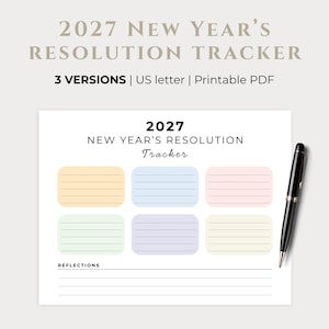 May include: A 2027 New Year's Resolution Tracker printable PDF document on US letter paper. The page features the text 2027 NEW YEAR'S RESOLUTION Tracker, six coloured rectangular boxes with horizontal lines, and a section for reflections.