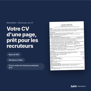 Générateur de CV Excel ATS | 1 page Word & PDF, suivi de candidatures avec guide 81 pages + Kit à imprimer