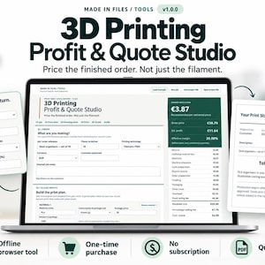 May include: A digital software interface titled 3D Printing Profit & Quote Studio displayed on a laptop screen. The interface includes input fields for pricing methods, order details, and material costs, alongside a generated quote summary.