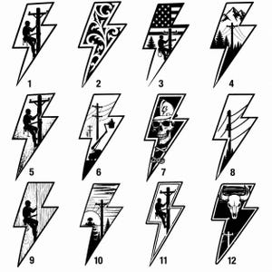May include: A collection of twelve black and white lightning bolt shaped decals, each featuring unique illustrations including utility workers on poles, American flag motifs, mountain landscapes, a skull, and a bull skull, numbered one through twelve.