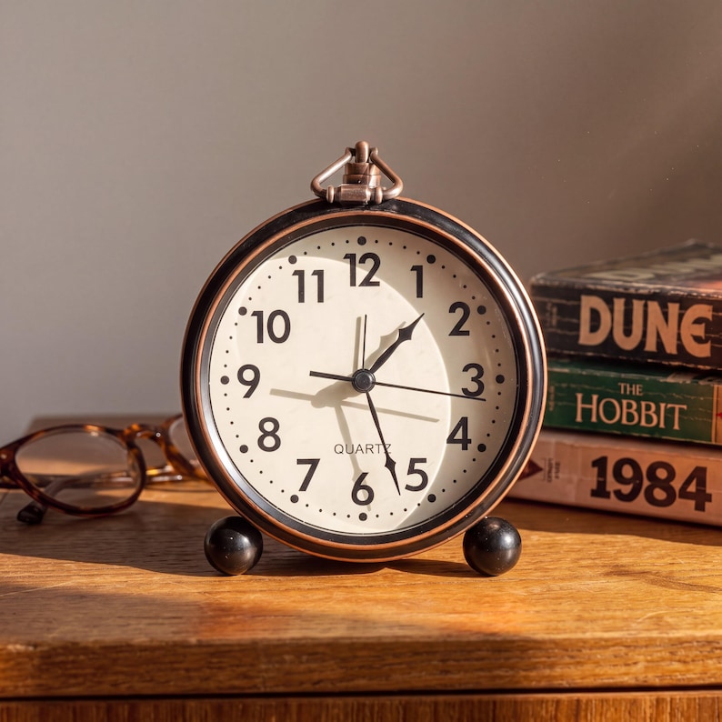 Vintage Alarm Clock with Top Ring, Bronze Case Cream Dial Bedside Clock, Silent Farmhouse Nightstand Decor, Classic Table Clock Gift image 1