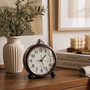 Vintage Alarm Clock with Top Ring, Bronze Case Cream Dial Bedside Clock, Silent Farmhouse Nightstand Decor, Classic Table Clock Gift image 5