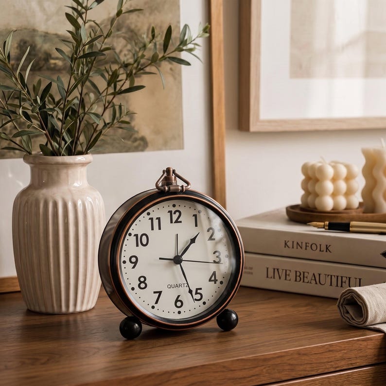 Vintage Alarm Clock with Top Ring, Bronze Case Cream Dial Bedside Clock, Silent Farmhouse Nightstand Decor, Classic Table Clock Gift image 5