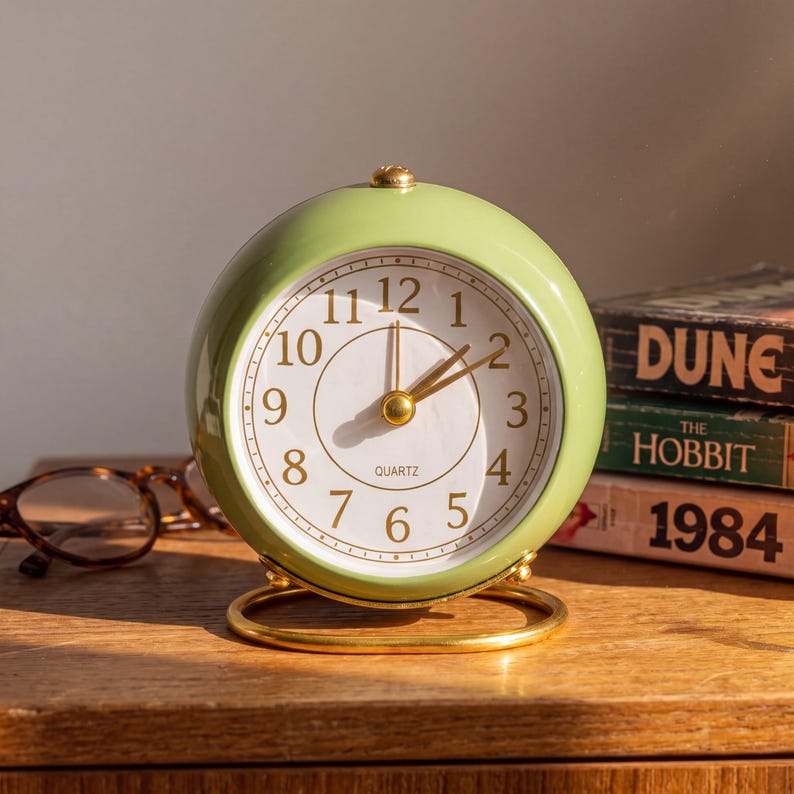 Reloj despertador vintage, reloj de mesita de noche retro de metal con esfera dorada, decoración silenciosa para mesita de noche, verde oliva, azul pizarra, burdeos. imagen 1