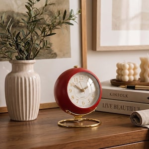 Reloj despertador vintage, reloj de mesita de noche retro de metal con esfera dorada, decoración silenciosa para mesita de noche, verde oliva, azul pizarra, burdeos. imagen 5