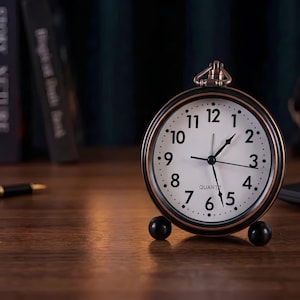 Vintage Alarm Clock with Top Ring, Bronze Case Cream Dial Bedside Clock, Silent Farmhouse Nightstand Decor, Classic Table Clock Gift image 3