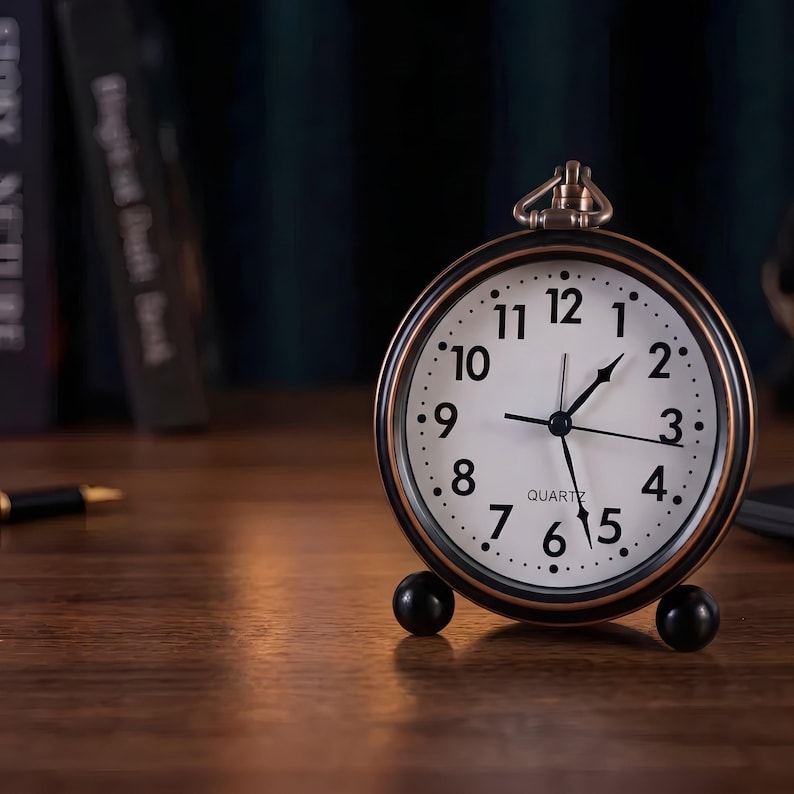 Vintage Alarm Clock with Top Ring, Bronze Case Cream Dial Bedside Clock, Silent Farmhouse Nightstand Decor, Classic Table Clock Gift image 3