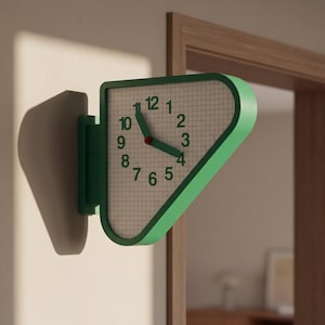 May include: A wall-mounted clock with a green, triangular frame and rounded corners. The clock face features a white grid pattern background with green numerals from 1 to 12. It has two green hands and a small red center point indicating the time.