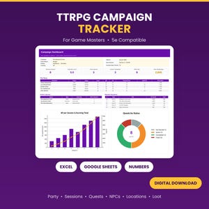 TTRPG Campaign Tracker Spreadsheet | DM Planner, Session Log, Quest & NPC Tracker | 5e Compatible | Excel Google Sheets | Digital Download