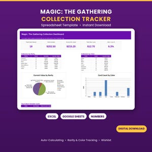 Peut inclure: Un modèle de feuille de calcul pour le suivi de collection Magic: The Gathering avec un tableau de bord, des tableaux de données, un graphique en secteurs pour la valeur par rareté et un graphique à barres pour le nombre de cartes par couleur.
