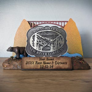 New River Gorge Buckle Display. Rim to River 100 Mile, Falling Water 100k, Ultramarathon, & BSA National Scout Jamboree Buckle Display