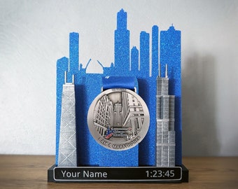 Chicago Race Medal Display Personalized with Name and Time, for Chicago Marathon or Other Chicago Race