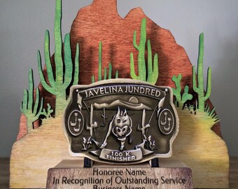 Personalized Desert Belt Buckle Display | Ultra Marathon, Rodeo & Corporate Award Buckle Holder | Southwest Cactus Scene | Two Sizes