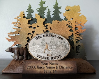 Personalized Bear in Forest Trail Running Buckle Display, Ultra Marathon Buckle Display