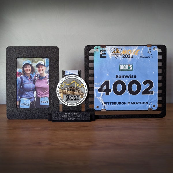 Medal Display with Bib & Photo or Two Photos 3 in 1. Great for Races, Marathon, Triathlon, All Sports, Achievement. Personalized Shadow Box.