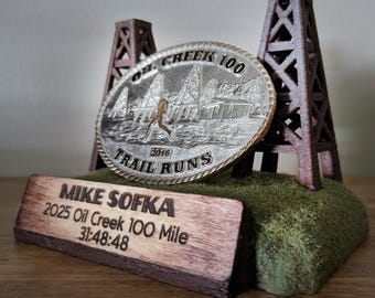 Oil Creek 100 OC100 Ultra Marathon Custom Belt Buckle Display Holder or Ornament Personalized with Name, Race Time, Etc.