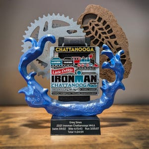 Personalized Medal Display for Triathlon Race - Great to hang Ironman or any Triathlon Medal. Swim, Bike, Run!